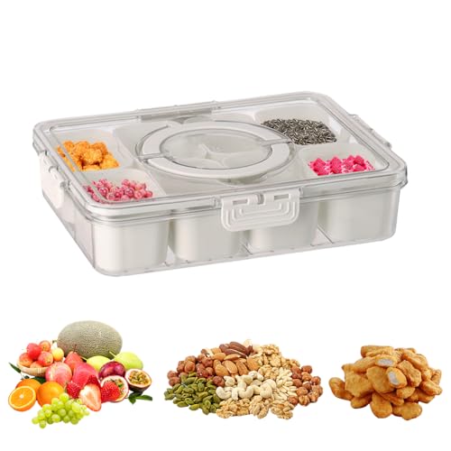 FARYODI Snack Aufbewahrungsbox,Unterteiltes Snack Tablett Rund mit Deckel,Aufbewahrungsbox Obstbox,Trockenfrüchte Lebensmittel,snackteller,Für Snacks,Obst,Nüsse,Süßigkeiten und Gemüse（8 Fächern） von FARYODI