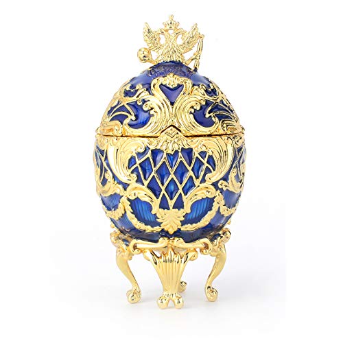FASALINO Fabergé-Ei-Schmuckschatulle, mit Scharnier, klassisch, handbemalte Ornamente, Metall, für Heimdekoration (blau) von FASALINO