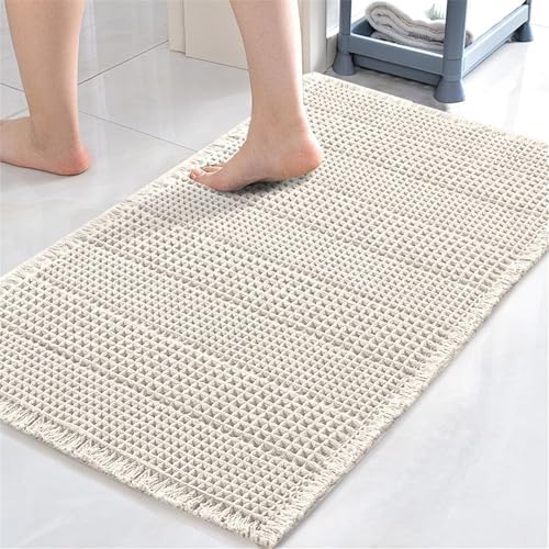 FASCINATDECO Badematte, Waffle Badteppich - Badezimmerteppich mit rutschhemmender Rückseite - ultraweich, extrem saugfähig, flusenarm - Badvorleger rutschfest waschbar (43x60 cm,Elfenbein) von FASCINATDECO