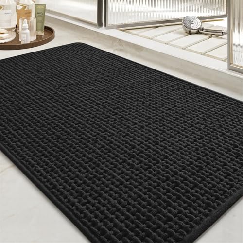 FASCINATDECO Chenille Badematte rutschfest Badezimmerteppich Weich Badteppich Saugfähige Badvorleger Waschbar Duschvorleger für Badezimmer, 60x90 cm, Schwarz von FASCINATDECO