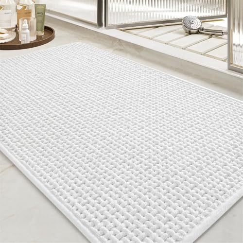 FASCINATDECO Chenille Badematte rutschfest Badezimmerteppich Weich Badteppich Saugfähige Badvorleger Waschbar Duschvorleger für Badezimmer, 60x90 cm, Weiß von FASCINATDECO