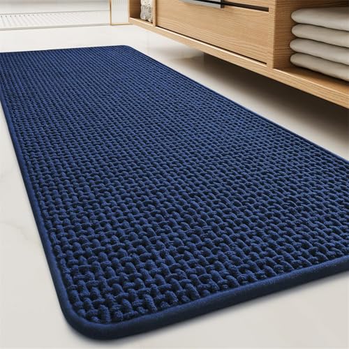 FASCINATDECO Chenille Badezimmerteppich rutschfeste Badematte Waschbar Badteppich Weich Badvorleger Saugfähige Duschvorleger für Badezimmer, 60x160 cm, Dunkelblau von FASCINATDECO
