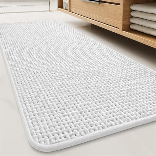 FASCINATDECO Chenille Badezimmerteppich rutschfeste Badematte Waschbar Badteppich Weich Badvorleger Saugfähige Duschvorleger für Badezimmer, 60x160 cm, Weiß von FASCINATDECO