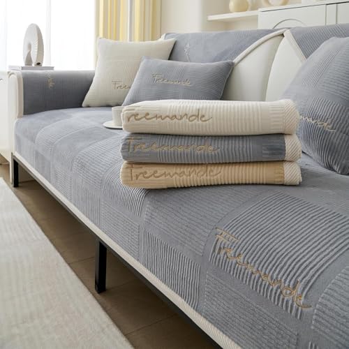 FASCINATDECO Couch Überzug, Sofa Überzug 1/2/3/4 Sitzer Sofabezug Ecksofa L Form, Sofaschoner rutschfest, Samt Sofa Sitzkissenbezug, Waschbar Couchbezug (Grau,90x180cm) von FASCINATDECO