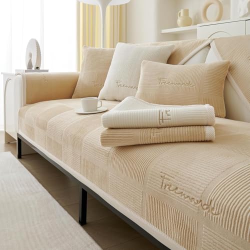 FASCINATDECO Couch Überzug, Sofa Überzug 1/2/3/4 Sitzer Sofabezug Ecksofa L Form, Sofaschoner rutschfest, Samt Sofa Sitzkissenbezug, Waschbar Couchbezug (Heller Kaffee,110x210cm) von FASCINATDECO