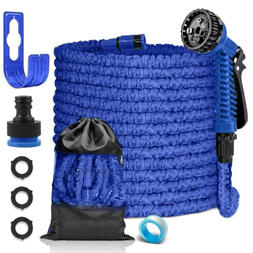 FASCINATDECO Flexibler Gartenschlauch 15m mit 7 Funktionen Brause, Wasserschlauch flexibel mit 3-Fach Latexkern inkl. Adapter für 1/2' 3/4' Zoll und Wandhalterung, dehnbarer flexiSchlauch von FASCINATDECO
