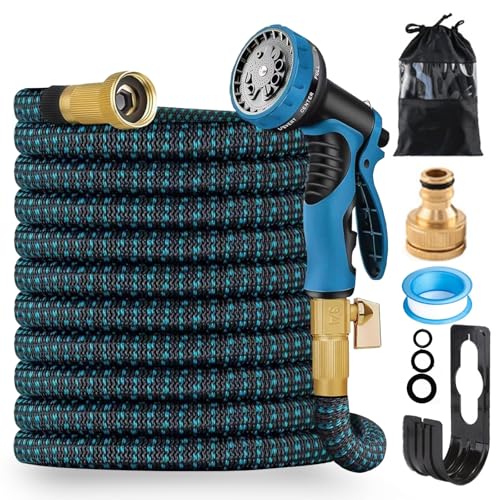 FASCINATDECO Flexibler Gartenschlauch mit 10 Funktion 30m, Wasserschlauch flexibel mit 3-Fach Latexkern inkl. Vollmessing Adapter für 1/2' 3/4' Zoll und Wandhalterung, dehnbarer flexiSchlauch von FASCINATDECO