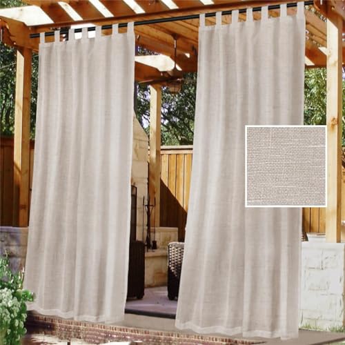 FASCINATDECO Outdoor Gardinen Wetterfest Halbtransparent Outdoor Vorhang Wasserdicht 2 Stücke Terrasse Vorhänge mit Klettverschluss Leinenoptik Outdoorvorhänge für Pavillon, 243x132 cm, Natürlich von FASCINATDECO