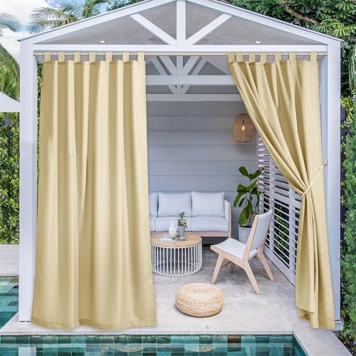 FASCINATDECO Outdoor Vorhang Wetterfest Schlaufenschal 2er Set Outdoor Gardinen Wasserdicht Sonnenschutz Pavillon & Terrasse Vorhänge mit Klettverschluss, H 213 x B 132 cm, Beige von FASCINATDECO