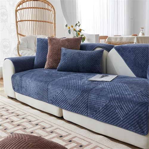 FASCINATDECO Sofa Überzug, Samt Sofabezug 1/2/3/4 Sitzer, Sofaschoner rutschfest, Couch überzug L Form Sofaüberwurfe, Sofa Sitzkissenbezug, Waschbar Couchbezug (Dunkelblau,90x240cm) von FASCINATDECO