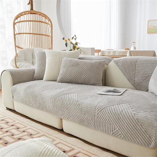 FASCINATDECO Sofa Überzug, Samt Sofabezug 1/2/3/4 Sitzer, Sofaschoner rutschfest, Couch überzug L Form Sofaüberwurfe, Sofa Sitzkissenbezug, Waschbar Couchbezug (Hellgrau,90x180cm) von FASCINATDECO