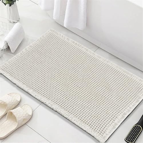 FASCINATDECO Waffle Badematte rutschfest Badezimmerteppich mit rutschhemmender Rückseite Weich Badteppich Saugfähige Badvorleger Waschbar Duschvorleger für Badezimmer, 43x60 cm, Weiß von FASCINATDECO