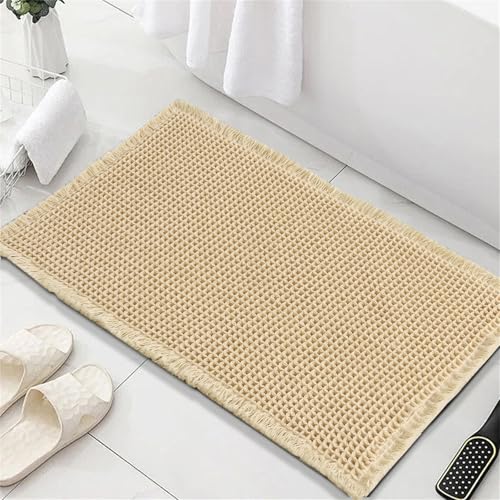FASCINATDECO Waffle Badematte rutschfest Badezimmerteppich mit rutschhemmender Rückseite Weich Badteppich Saugfähige Badvorleger Waschbar Duschvorleger für Badezimmer, 50x80 cm, Beige von FASCINATDECO