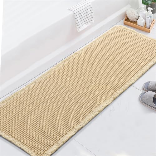 FASCINATDECO Waffle Badematte rutschfest Badezimmerteppich mit rutschhemmender Rückseite Weich Badteppich Saugfähige Badvorleger Waschbar Duschvorleger für Badezimmer, 60x180 cm, Beige von FASCINATDECO
