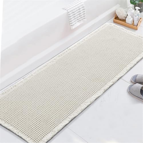 FASCINATDECO Waffle Badematte rutschfest Badezimmerteppich mit rutschhemmender Rückseite Weich Badteppich Saugfähige Badvorleger Waschbar Duschvorleger für Badezimmer, 60x180 cm, Weiß von FASCINATDECO