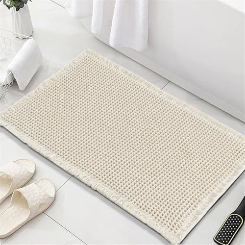 FASCINATDECO Waffle Badematte rutschfest Badezimmerteppich mit rutschhemmender Rückseite Weich Badteppich Saugfähige Badvorleger Waschbar Duschvorleger für Badezimmer, 60x90 cm, Elfenbein von FASCINATDECO