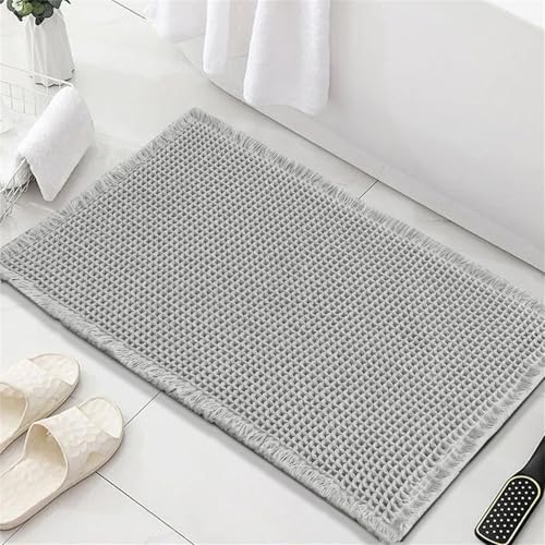 FASCINATDECO Waffle Badematte rutschfest Badezimmerteppich mit rutschhemmender Rückseite Weich Badteppich Saugfähige Badvorleger Waschbar Duschvorleger für Badezimmer, 60x90 cm, Hellgrau von FASCINATDECO