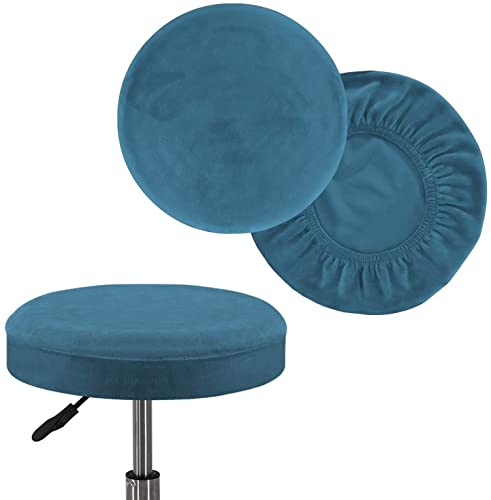 FASCINATDECO Hockerbezug Runder Sitzhocker Bezug 2 Stück Stretch Samt Hussen für Barhocker Runder Stuhlbezug Protector Waschbarer Runder Drehbarer Hocker Schonbezug (Pfauenblau,Groß) von FASCINATDECO
