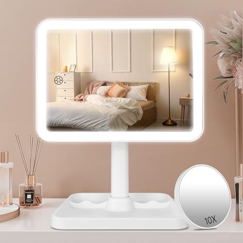 FASCINATE Kosmetikspiegel mit 10fach Vergrößerungsspiegel, 21 LED Schminkspiegel mit Beleuchtung, Dimmung Tischspiegel, Duale Stromversorgung, Tragbarer Reisespiegel (schneeweiß) von FASCINATE