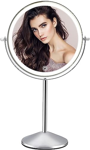FASCINATE Wiederaufladbarer Kosmetikspiegel LED Beleuchtet mit 1/10 Fach Vergrößerung, Makeup Spiegel mit 3 Lichtfarben und Touchschalter, Doppelseitiger LED Tischspiegel, 360 Grad Drehtischspiegel von FASCINATE
