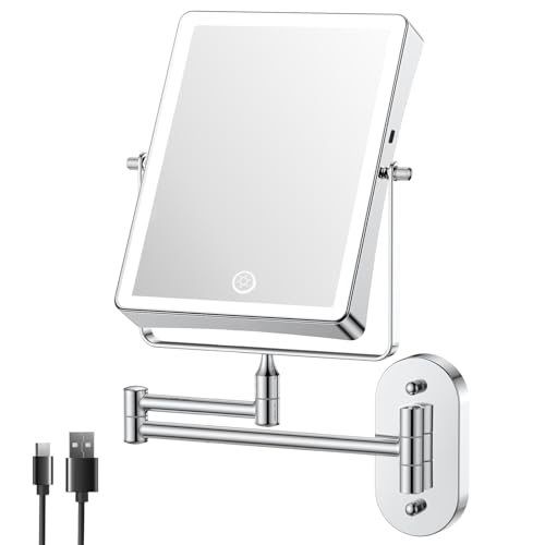 FASCINATE Wiederaufladbarer Kosmetikspiegel mit 1X/10X Vergrößerung, 3 dimmbare Lichtfarben, Touchscreen, 360° dreh schwenkbar für Wandmontage Rasierspiegel, Schminkspiegel für Badezimmer (Silber) von FASCINATE
