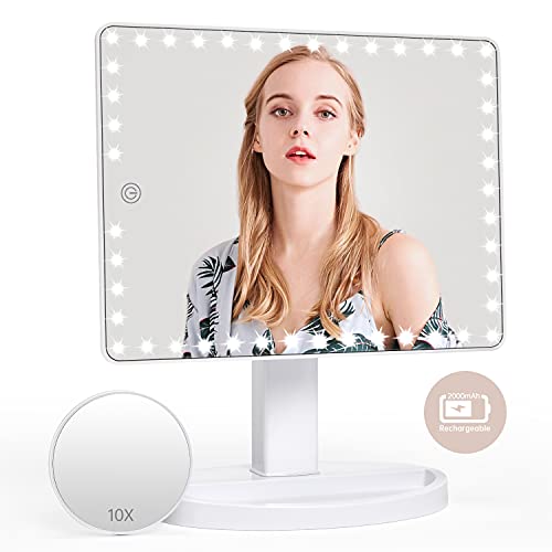 FASCINATE Groß Schminkspiegel mit 45 Dimmbar LED-Leuchten,USB Wiederaufladbar Kosmetikspiegel mit 10-Fache Vergrößerungsspiegel, 360° Drehbar, mit Beleuchtung mit Touch-Screen(Weiß) von FASCINATE