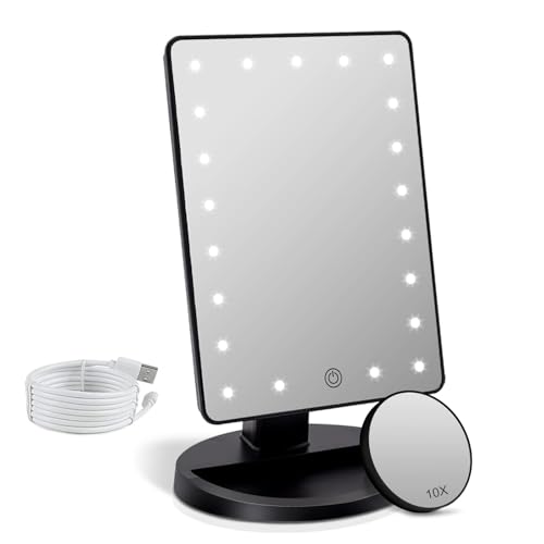 Kosmetikspiegel Beleuchteter mit 10-fachem Vergrößerungsspiegel, 21 LED-beleuchteter Spiegel mit Berührungssensor-Dimmung, einstellbare Drehung um 180 °, Duale Stromversorgung, Tragbarer Tischspiegel von FASCINATE