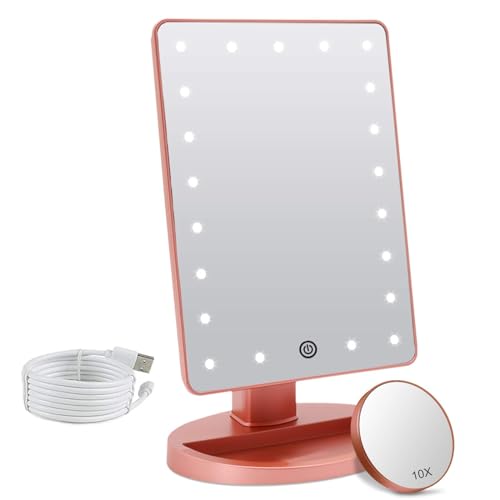 Kosmetikspiegel Beleuchteter mit 10-fachem Vergrößerungsspiegel, 21 LED-beleuchteter Spiegel mit Berührungssensor-Dimmung, einstellbare Drehung um 180 °, Duale Stromversorgung, Tragbarer Tischspiegel von FASCINATE