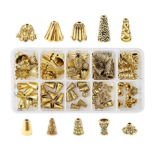 80 Stück/Box Tibetische goldene Perlenkappen Abstandhalter 10 Stile Perlen Kegel 6 ~ 10 mm für Schmuckherstellung von FASHEWELRY