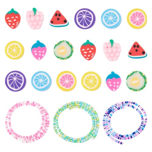 FASHEWELRY 3 Stränge bunte Heishi-Perlen, verschiedene Obst-Themen, handgefertigte Polymer-Ton-Perlen, Armbandherstellungs-Set, niedliche Früchte, Charm-Abstandshalter für DIY-Armbänder, Halsketten von FASHEWELRY