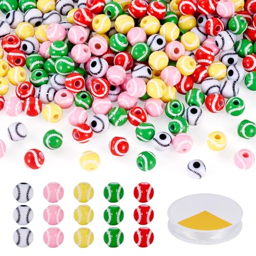 FASHEWELRY Sport-Kugelperlen zur Schmuckherstellung, 11 mm Acryl-Sportperlen, Baseball-Abstandshalter mit elastischem Kristall-Stretchfaden für DIY-Armbänder, Halsketten, 200 Stück von FASHEWELRY