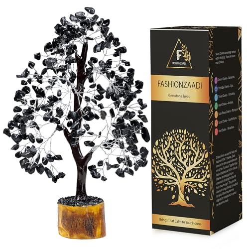 FASHIONZAADI Black Tourmaline Feng Shui Bonsai Chakra Tree Healing Crystals Gemstone Trees Reiki Stones Good Luck Home Office Décor Health Prosperity Size 10-12 inch (Silver Wire) von FASHIONZAADI