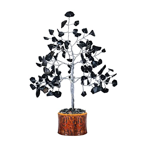 FASHIONZAADI Black Tourmaline Gemstone Bonsai Money Tree Feng Shui Crystal Chakra Stone Healing Crystals Trees Good Luck Home Office Table Décor Health Prosperity Gift Size 7-8 inch (Silver Wire) von FASHIONZAADI