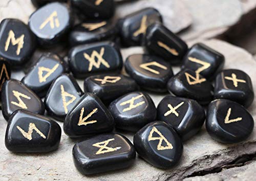 FASHIONZAADI Black Tourmaline Gemstone Rune Set (25 Pieces Set) Engraved Runic Alphabets with Instruction Booklet for Charka Balancing Crystal Reiki Healing Runes Stones Set House Decor Size 15-20 mm von FASHIONZAADI