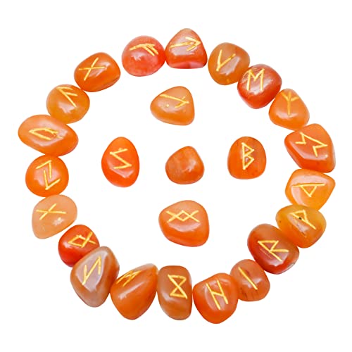 FASHIONZAADI Carnelian Gemstone Rune Set (25 Pieces Set) Engraved Runic Alphabets with Instruction Booklet for Charka Balancing Crystal Reiki Healing Runes Stones Set House Decor Size - 15-20 mm von FASHIONZAADI