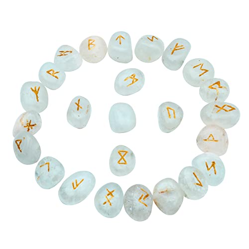 FASHIONZAADI Clear Quartz Gemstone Rune Set (25 Pieces Set) Engraved Runic Alphabets with Instruction Booklet for Charka Balancing Crystal Reiki Healing Runes Stones Set House Decor Size - 15-20 mm von FASHIONZAADI