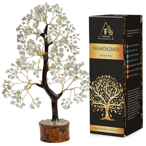FASHIONZAADI Green Jade Bonsai Money Crystal Tree Natural Feng Shui Gemstone Trees Healing Crystals Reiki Stone Chakra Good Luck Home Office Décor Health Prosperity Size 10-12 inch (Golden Wire) von FASHIONZAADI