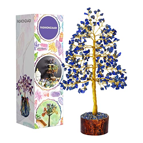 FASHIONZAADI Lapis Lazuli Gemstone Tree Healing Crystal Chakra Bonsai MoneyTrees Reiki Stone Good Luck Crystals Home Office Table Décor Decorative Figurine Gift Size -10 Inch (Golden Wire) von FASHIONZAADI