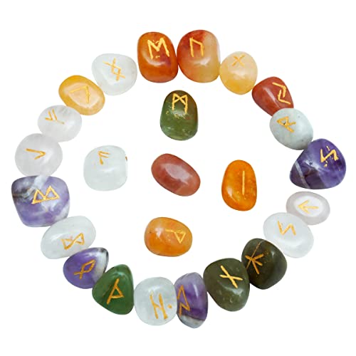 FASHIONZAADI Mix Chakra Gemstone Rune Set (25 Pieces Set) Engraved Runic Alphabets with Instruction Booklet for Charka Balancing Crystal Reiki Healing Runes Stones Set House Decor Size - 15-20mm von FASHIONZAADI