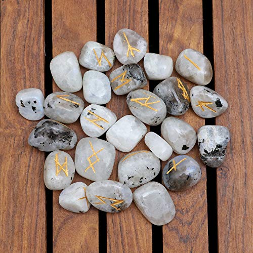 FASHIONZAADI Rainbow Moonstone Gemstone Rune Set (25 Pieces Set) Engraved Runic Alphabets with Instruction Booklet for Charka Balancing Crystal Reiki Healing Runes Stones Set House Decor Size 15-20mm von FASHIONZAADI