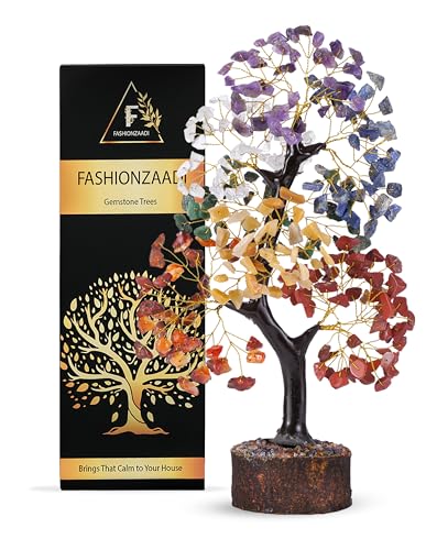 FASHIONZAADI Seven Chakra Gemstone Tree - Healing Crystal Money Trees Feng Shui Gift Handmade Reiki Crystals & Stone Home Office Table Décor Good Luck Throat Chakras Size 10-12 Inch (Golden Wire) von FASHIONZAADI