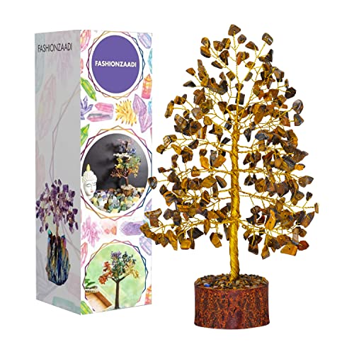 FASHIONZAADI Tiger Eye Gemstone Feng Shui Bonsai Money Chakra Tree Healing Crystals Chakra Décor Reiki Stone Good Luck Crystal Home Office Table Decoration Figurine Gift Size -10 Inch (Golden Wire) von FASHIONZAADI