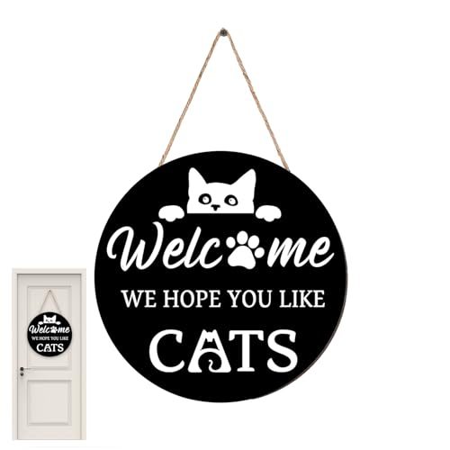 FASSME „Welcome Hope You Like Cats“-Schild, Katzen-Türschild,Willkommensschild Katze für Haustür - Rustikales rundes Holzschild, Hängeschild für die Haustür für den Außenbereich, Bauernhaus,, 1 von FASSME