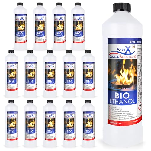 Fast X Bio Ethanol 15x1L - 100% Natürlich, für Ethanolkamine & Alkoholbrenner. Umweltfreundlich & geruchsfrei, sicher für Raum- & Gartenfeuer mit rückstandsloser Verbrennung von FAST X