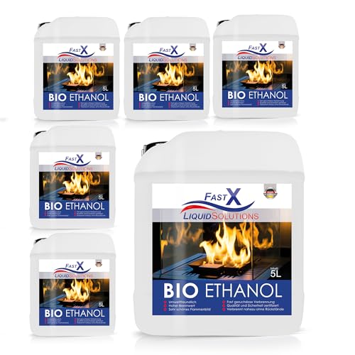 Fast X Bio Ethanol 25L 100% Natürlich, für Ethanolkamine & Alkoholbrenner. Umweltfreundlich & geruchsfrei, sicher für Raum- & Gartenfeuer mit rückstandsloser Verbrennung (25x1L) von FAST X