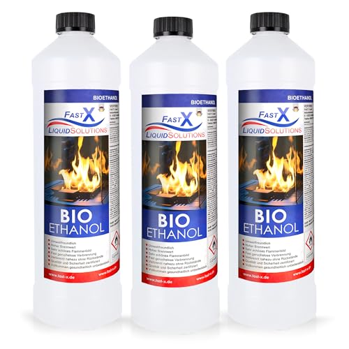 Fast X Bio Ethanol 3x1L - 100% Natürlich, für Ethanolkamine & Alkoholbrenner. Umweltfreundlich & geruchsfrei, sicher für Raum- & Gartenfeuer mit rückstandsloser Verbrennung von FAST X