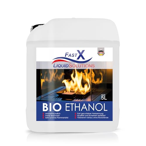 Fast X Bio Ethanol 5L (5x1L) - 100% Natürlich, für Ethanolkamine & Alkoholbrenner. Umweltfreundlich & geruchsfrei, sicher für Raum- & Gartenfeuer mit rückstandsloser Verbrennung von FAST X