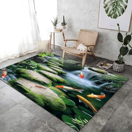 FASTLATE Fläche Teppiche Fantasie Koi Wasserfall Teppich Wohnzimmer Bodenmatten Weiche Niedrigstapel Teppich Grüne Maschine Waschmaschine Für Eingangsteppich Nachttile Balkon Foyer Matte, von FASTLATE