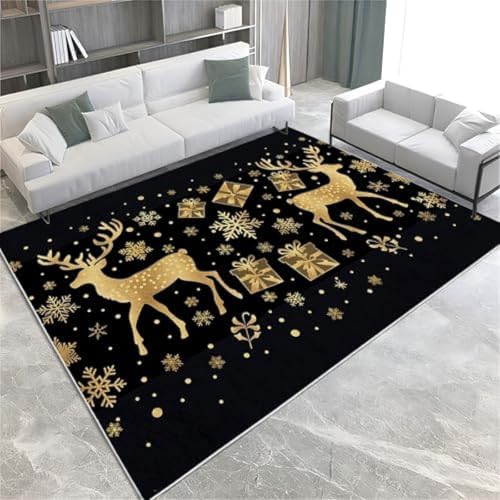 FASTLATE Gold Area Teppich Teppich Für Wohnzimmer Schlafzimmer 180 X 240 cm Weihnachtshirsche Und Schneeflocken Bodenmatte Gedrucktes Design Weicher Teppich,140 X 200 cm von FASTLATE