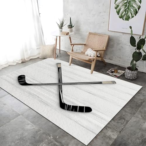 FASTLATE Hockey -Stick -Clip -Kunst -Themenbereich Teppich Für Wohnzimmer Weiche Schwarze Und Weiße Bodenmatte Gedruckter Großer Kurzer Haufen Waschmaschine Teppiche Für Esszimmer Nicht -, von FASTLATE